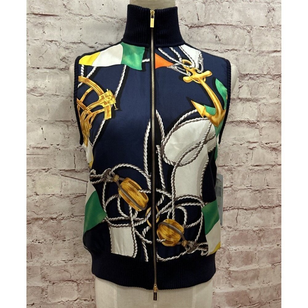 Lauren Ralph Lauren Petite S Sweater Vest Nautical Full Zip Silk Scarf Print NEW - Picture 2 of 6